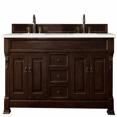 JAMES MARTIN VANITIES Brookfield 72in Double Vanity, Burnished Mahogany w/ 3 CM Eternal Serena Quartz Top 147-114-5761-3ESR